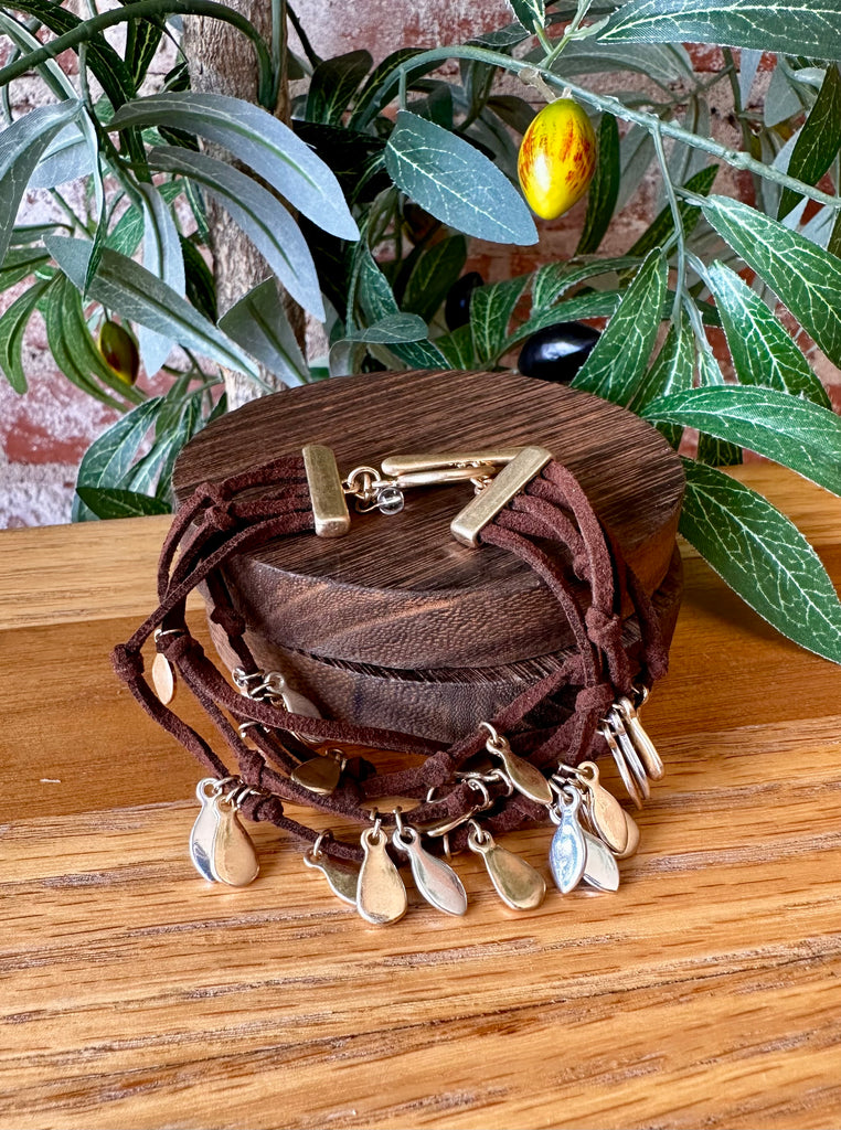 Soho Shaky Brushed Gold & Silver Charm Brown Suede Knotted Bracelet