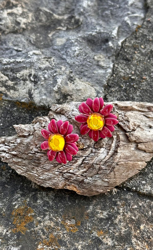 Starbright Pink and Yellow Flower Clip-On Earrings