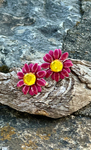 Starbright Pink and Yellow Flower Clip-On Earrings