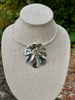 Sculptural Flower Pendant Silver Necklace