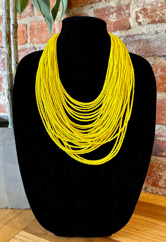 Yellow Multi-Layered Beaded Strand Bib Necklace