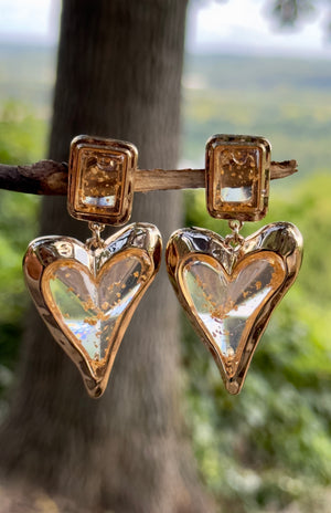 Translucent Heart Shaped Gold Flake Drop Earrings