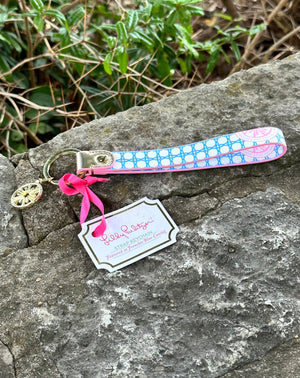 Featured in "Frenchie Blue Caning" Lilly Pulitzer Printed Leatherette Key Ring