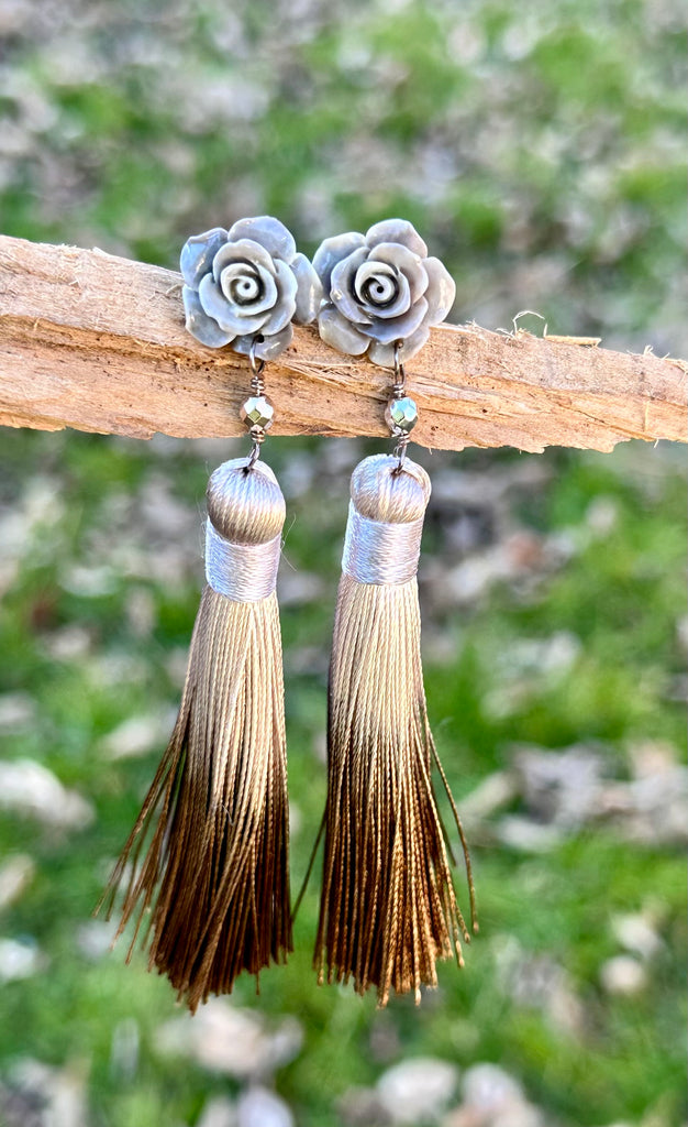 Carved Rose Tassel Earrings