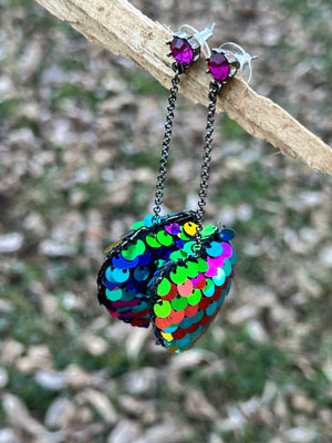 Red Crystal Multi-Color Sequin Heart Shape Linear Drop Earrings