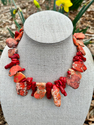 Bronze Genuine Orange Jasper & Red Sea Bamboo Statement Necklace