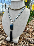 Black Mother of Pearl, Agate, Quartz, Onyx and Hematite Tassel Necklace