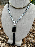 Black Mother of Pearl, Agate, Quartz, Onyx and Hematite Tassel Necklace