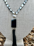 Black Mother of Pearl, Agate, Quartz, Onyx and Hematite Tassel Necklace