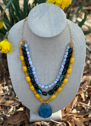 Blue Jasper, Jade, and Agate 3 Strand Necklace
