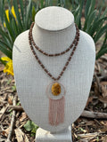 Copper Coated Beaded Hematite Necklace with Drusy Pendant & Fringe Chain