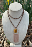 Copper Coated Beaded Hematite Necklace with Drusy Pendant & Fringe Chain