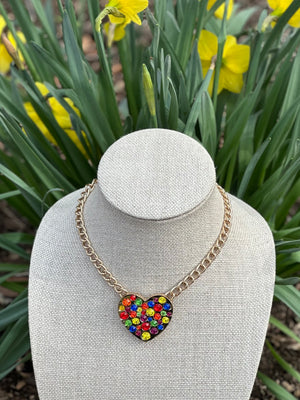 Multi- Color Rhinestone Heart Pendant Necklace