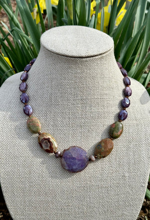 Purple Jasper, Quartz & Bronze Necklace