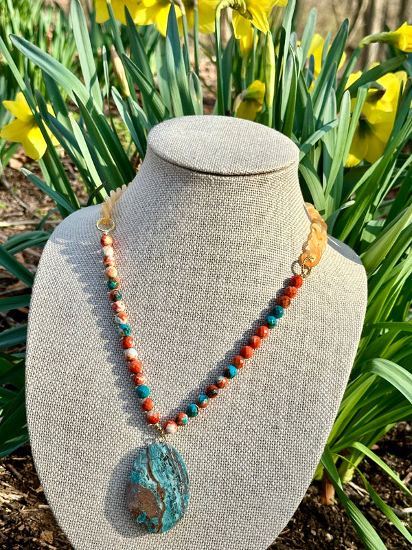 Spiny Oyster, Resin & Jasper Pendant Necklace