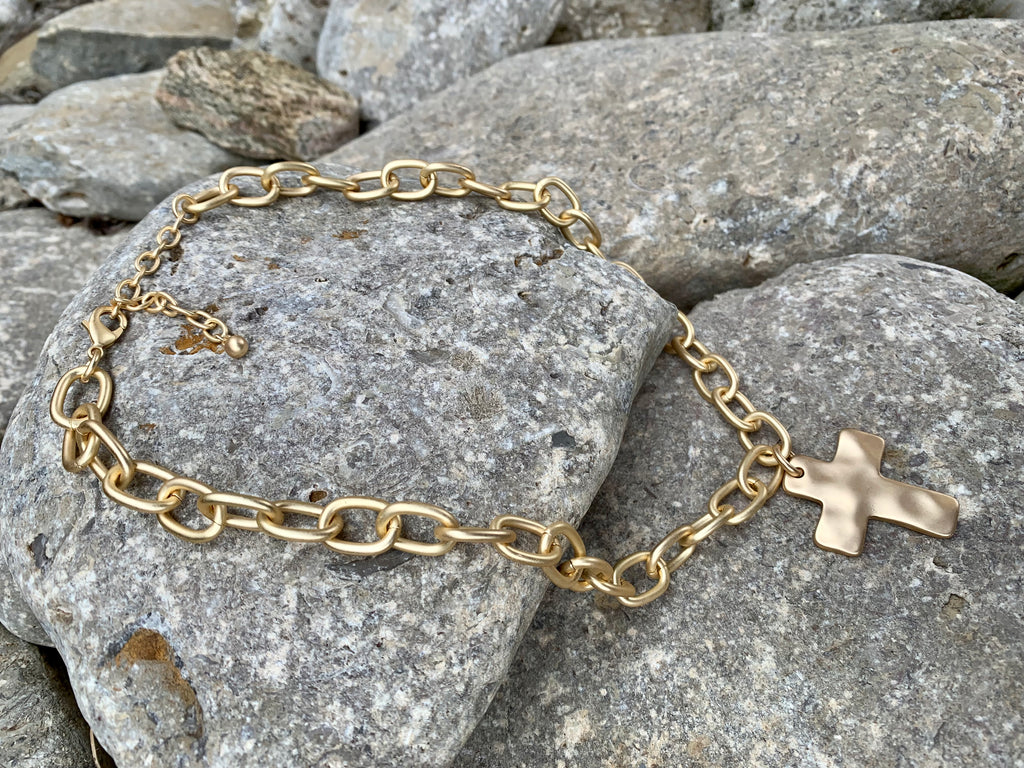 Brushed Gold Link & Cross Necklace