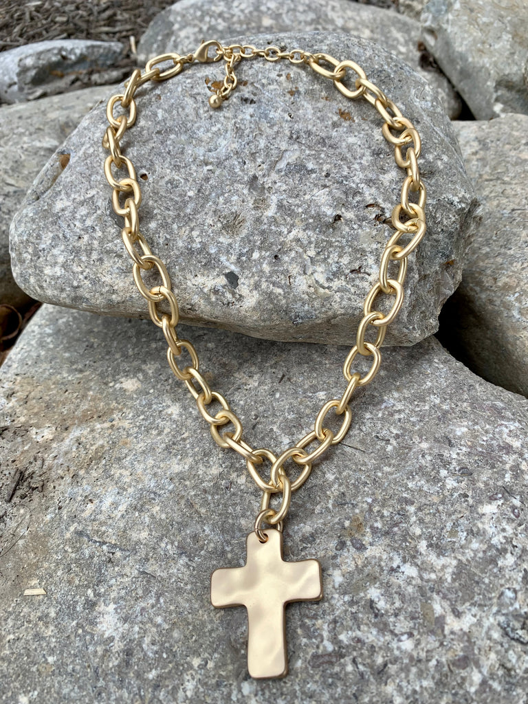 Brushed Gold Link & Cross Necklace