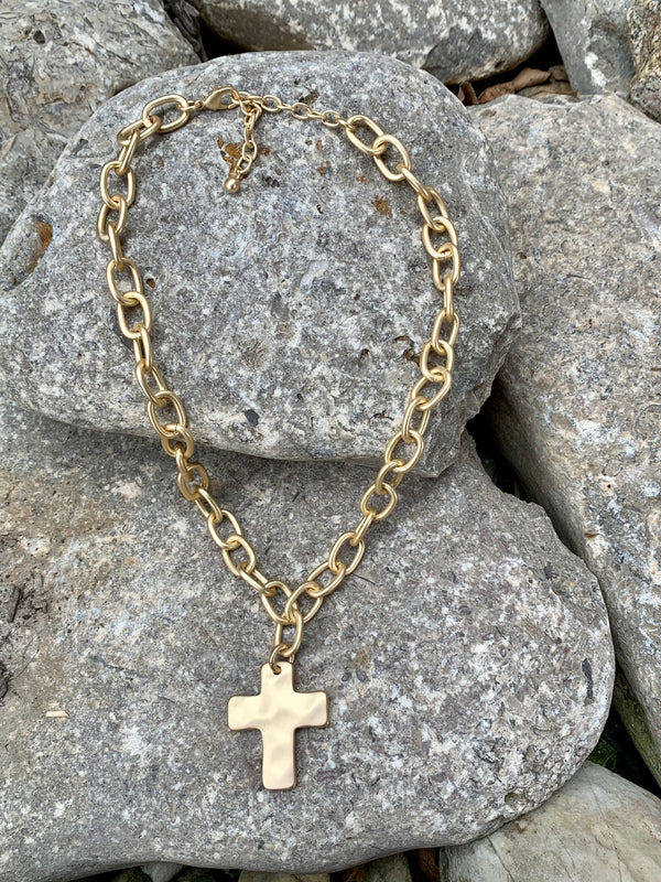 Brushed Gold Link & Cross Necklace