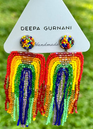 Rainbow Statement Earrings Deepa Gurnani Chandelier Beaded Fringe