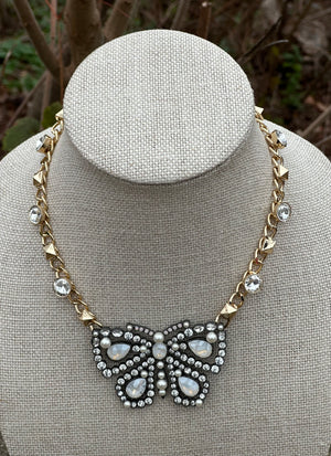 Hematite Butterfly Pendant Statement Necklace