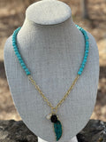 Carved Chrysocolla & Turquoise Magnesite Long Pendant Feather Necklace