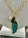 Carved Chrysocolla & Turquoise Magnesite Long Pendant Feather Necklace