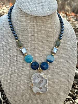 Mystic Sea Blue Agate with Drusy Pendant Necklace