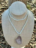 White Coated Crystal Necklace with Blue/Grey Drusy Slab Pendant