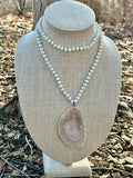 White Coated Crystal Necklace with Blue/Grey Drusy Slab Pendant