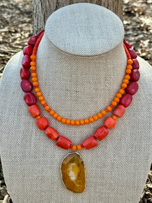 Bamboo Multi-Color Coral & Agate Pendant Necklace
