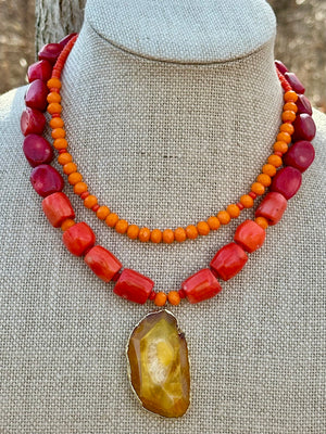Bamboo Multi-Color Coral & Agate Pendant Necklace