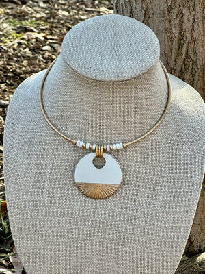 White Patina & Gold Disc Pendant Collar Necklace