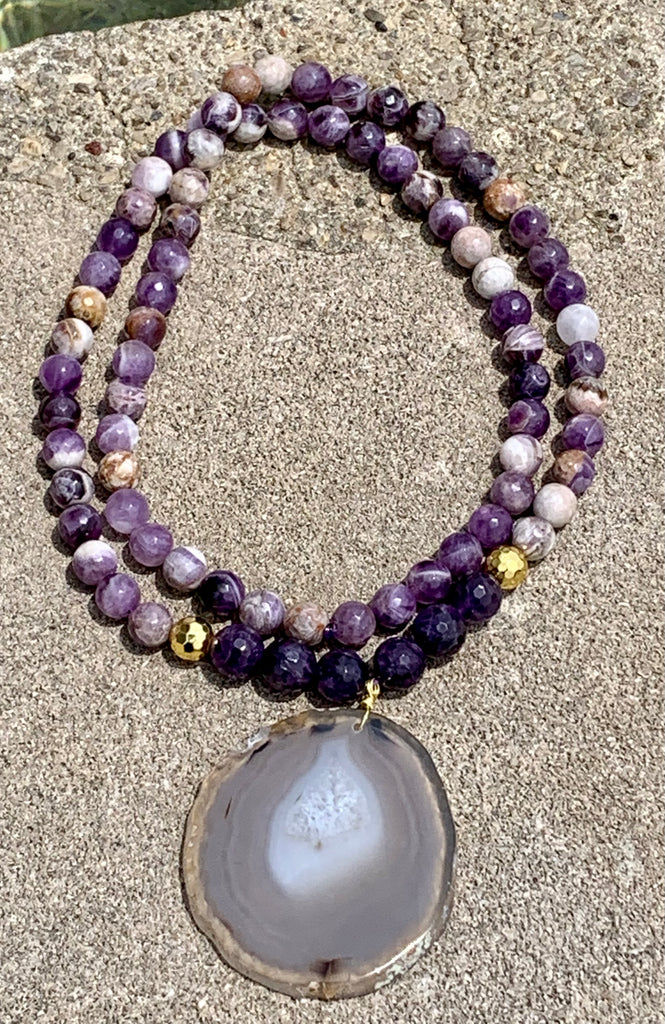 Barse Purple Amethyst & Purple Jasper Beaded Necklace With Large Agate Slab Pendant