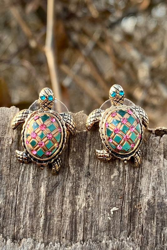 Multi-Color Stone Turtle Stud Earrings