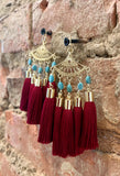Scarlet Tassel Earrings with Brass Fan & Genuine Turquoise Magnesite Oval Stones