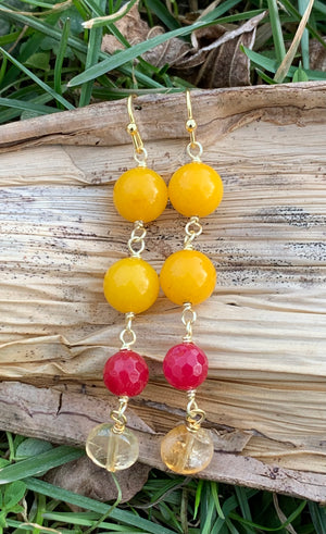 Yellow Jade & Red Quartz Beaded Drop Earrings
