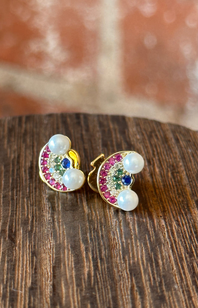 Wishes Pavé & Imitation Pearl Rainbow Stud Earrings