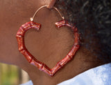 Betsey Johnson Red Glitter Bamboo Heart Hoop Earrings