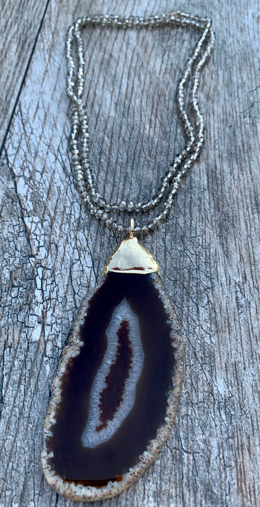 Beaded Crystal Necklace with Agate Slice Pendant