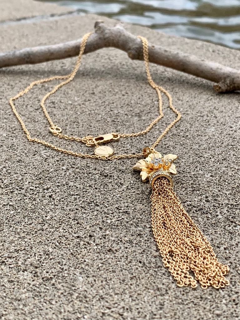 Vince Camuto Gold CZ Flower Tassel Pendant Necklace