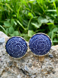 Blue Floral & Silver Button Clip-On Earrings