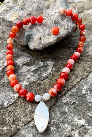 "The Sun is the Sun" Orange Agate & Shell Pendant Choker Necklace