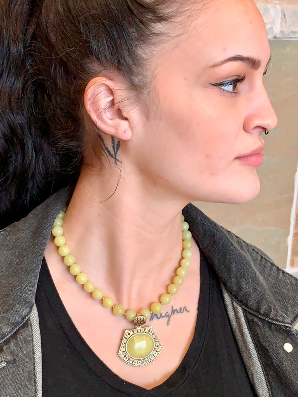 Green Jasper & Bronze Pendant Necklace