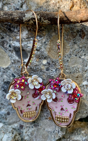 Betsey Johnson Floral Pink Skull Drop Earrings