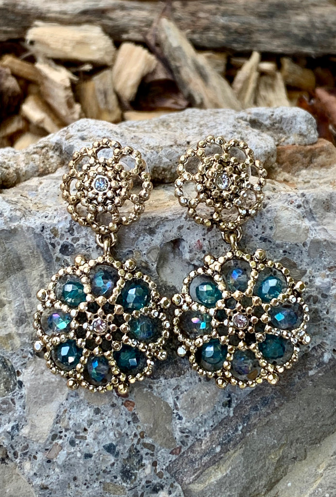 Filigree Gold & Blue Floral Drop Earrings