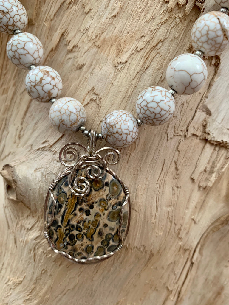 White Turquoise Sterling Silver Gemstone Beaded Necklace & Leopard Jasper Pendant