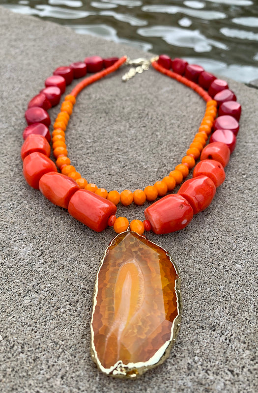Bamboo Multi-Color Coral & Agate Pendant Necklace