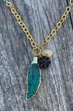 Carved Chrysocolla & Turquoise Magnesite Long Pendant Feather Necklace