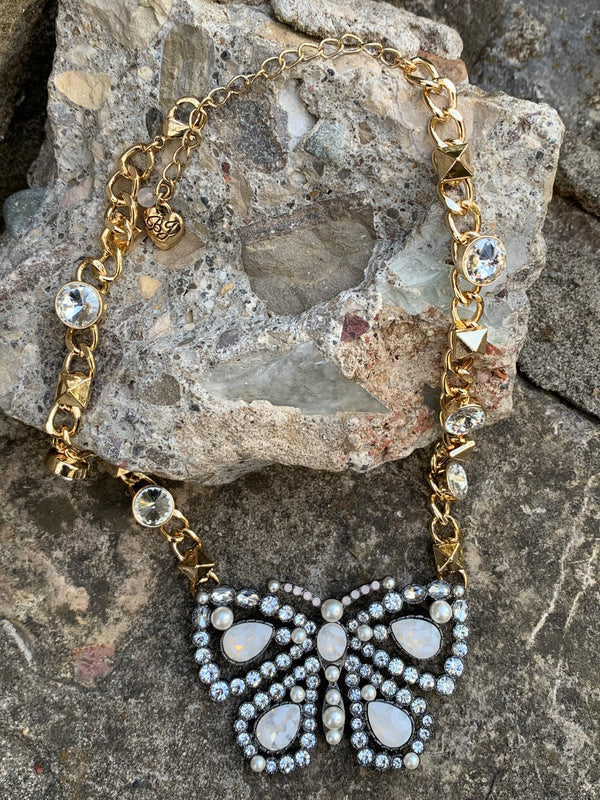 Hematite Butterfly Pendant Statement Necklace