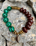 Barse Gaelic Malachite, Wood, and Bronze Beaded Stretch Bracelet